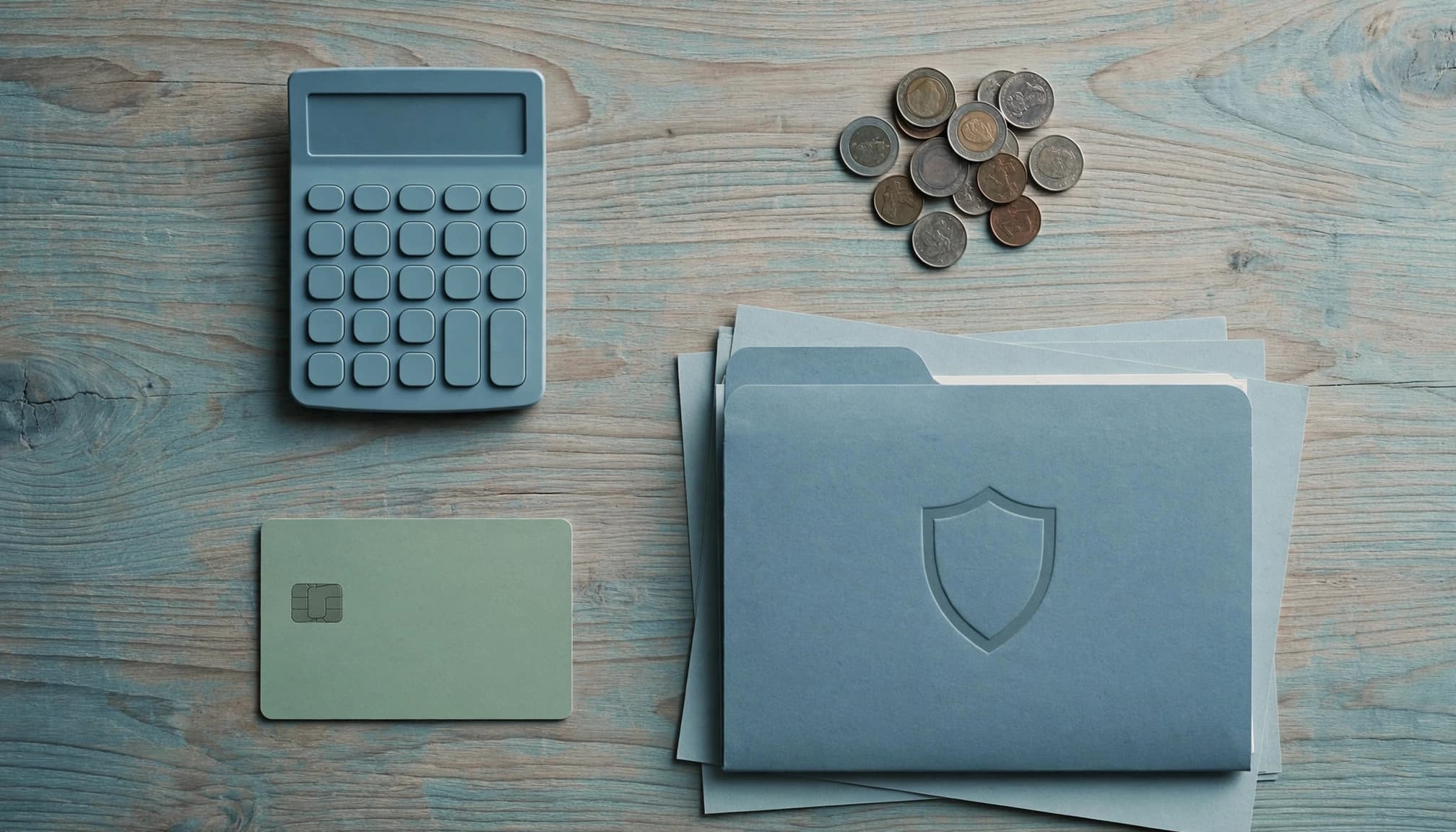 Overhead view of a calculator, coins, a card, and a folder with a shield on a wooden table.