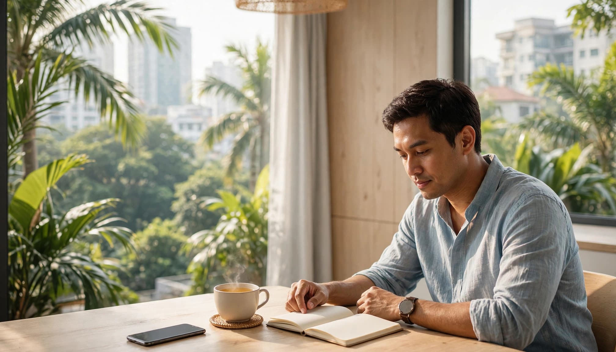A man sits at a bright wooden table reviewing an open notebook near a cup of tea and a phone.