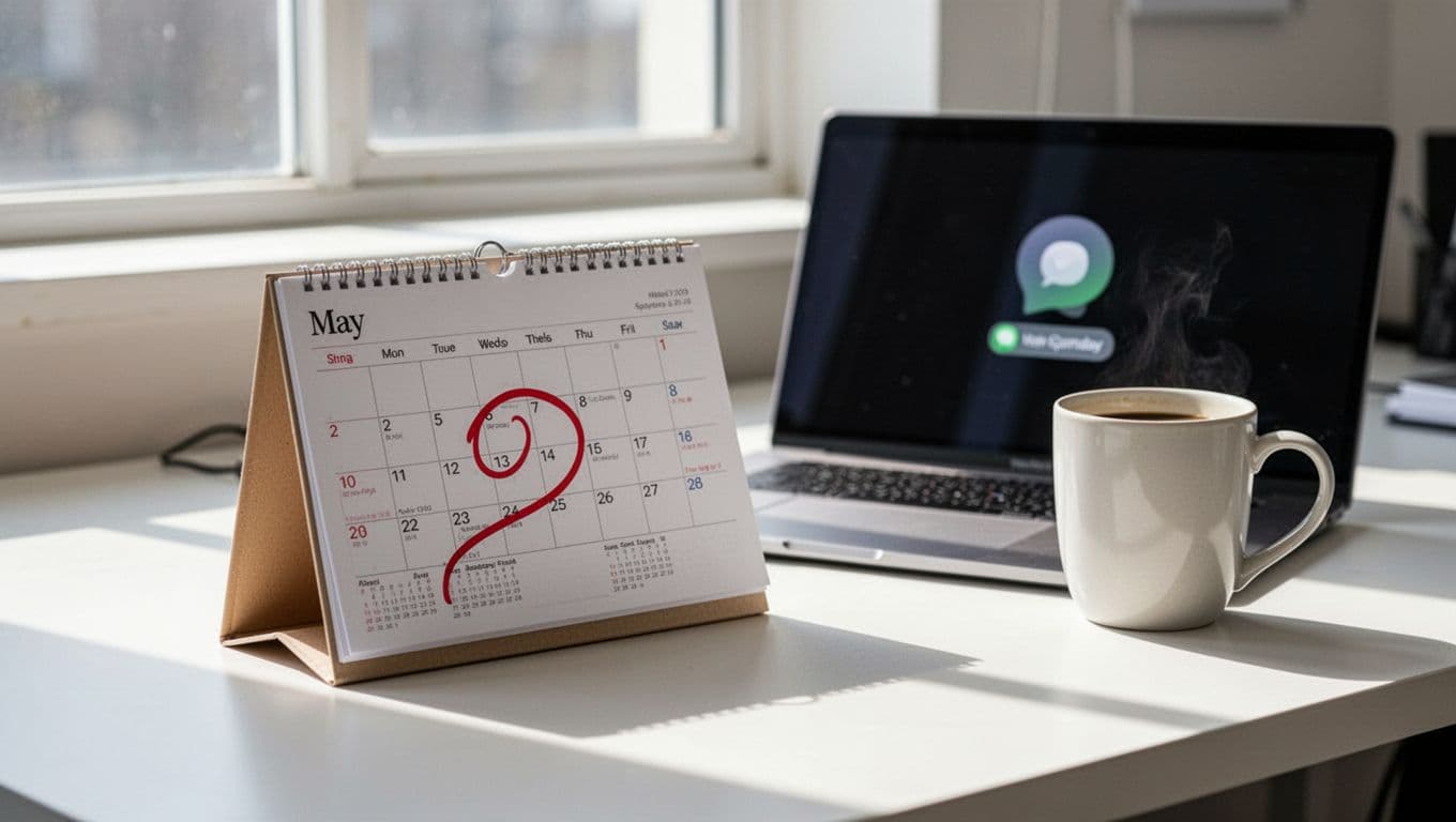Open May desk calendar with red-circled date next to laptop showing email bonus badge and coffee mug.