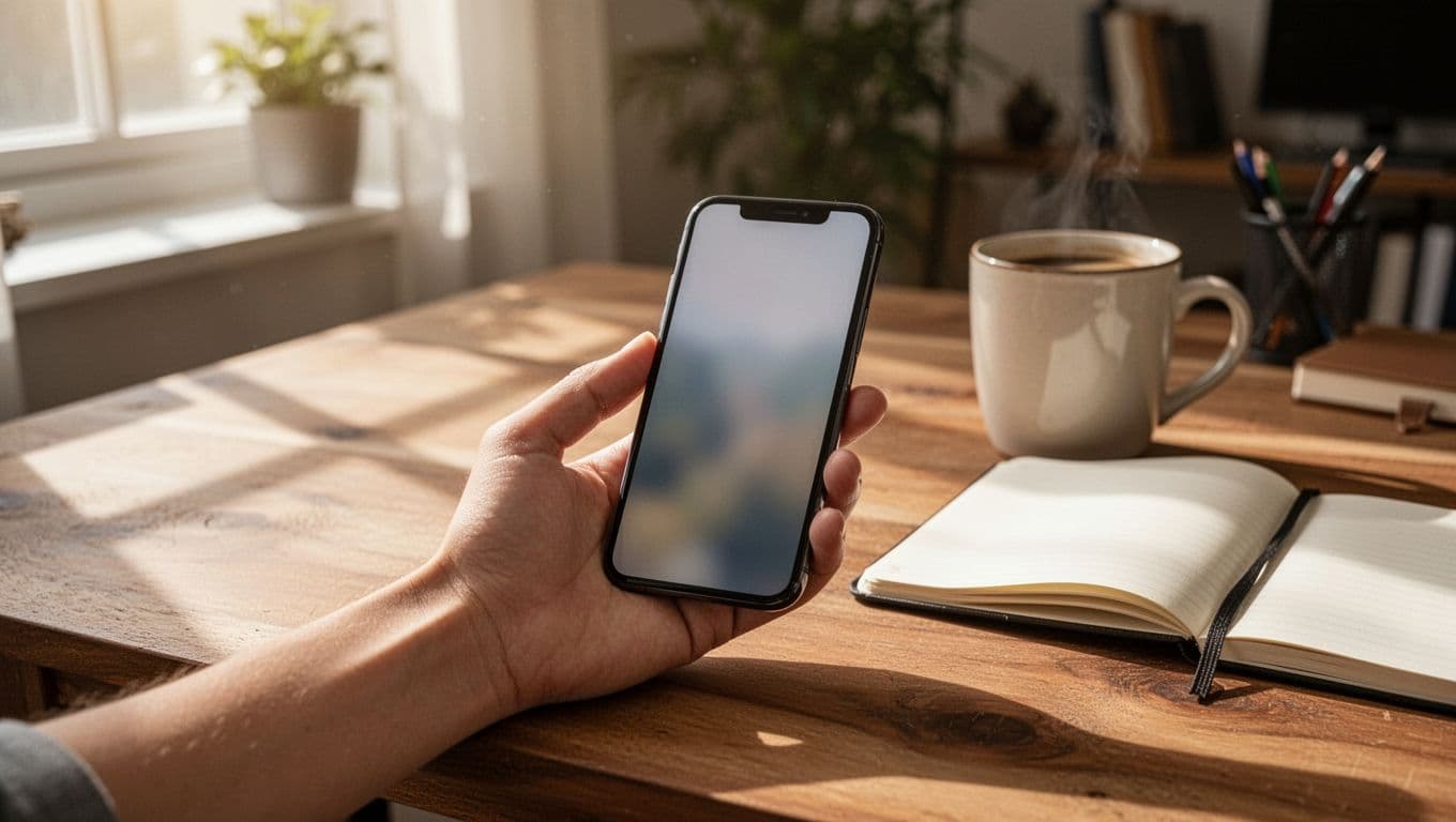 A person's hand holds a smartphone displaying a blurred trading broker registration page, resting naturally on a table in a cozy home office with coffee mug and notebook nearby, under morning natural light.