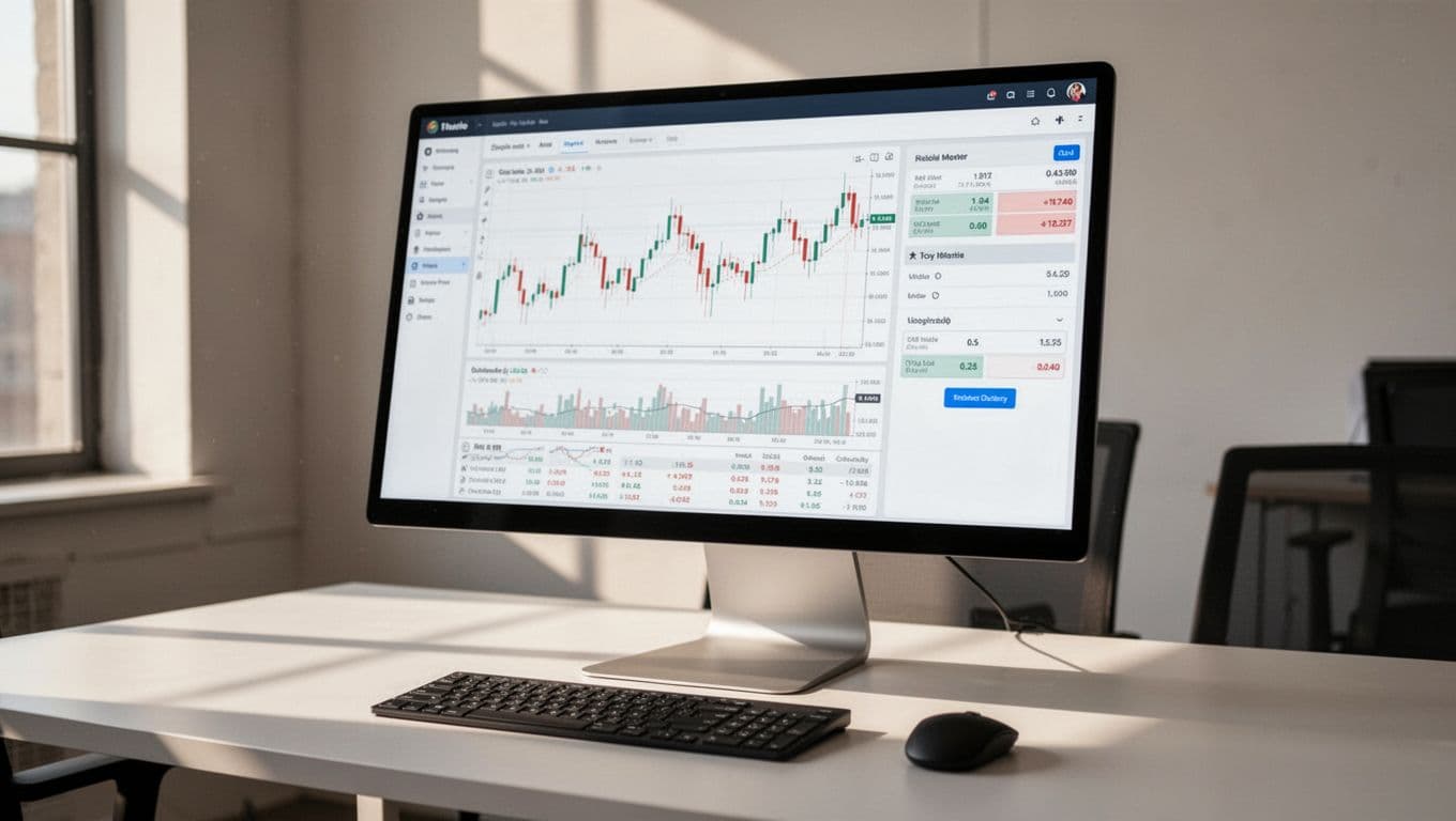 Clean trading platform dashboard on desktop screen shows forex charts and order panels, office desk with keyboard and mouse nearby.