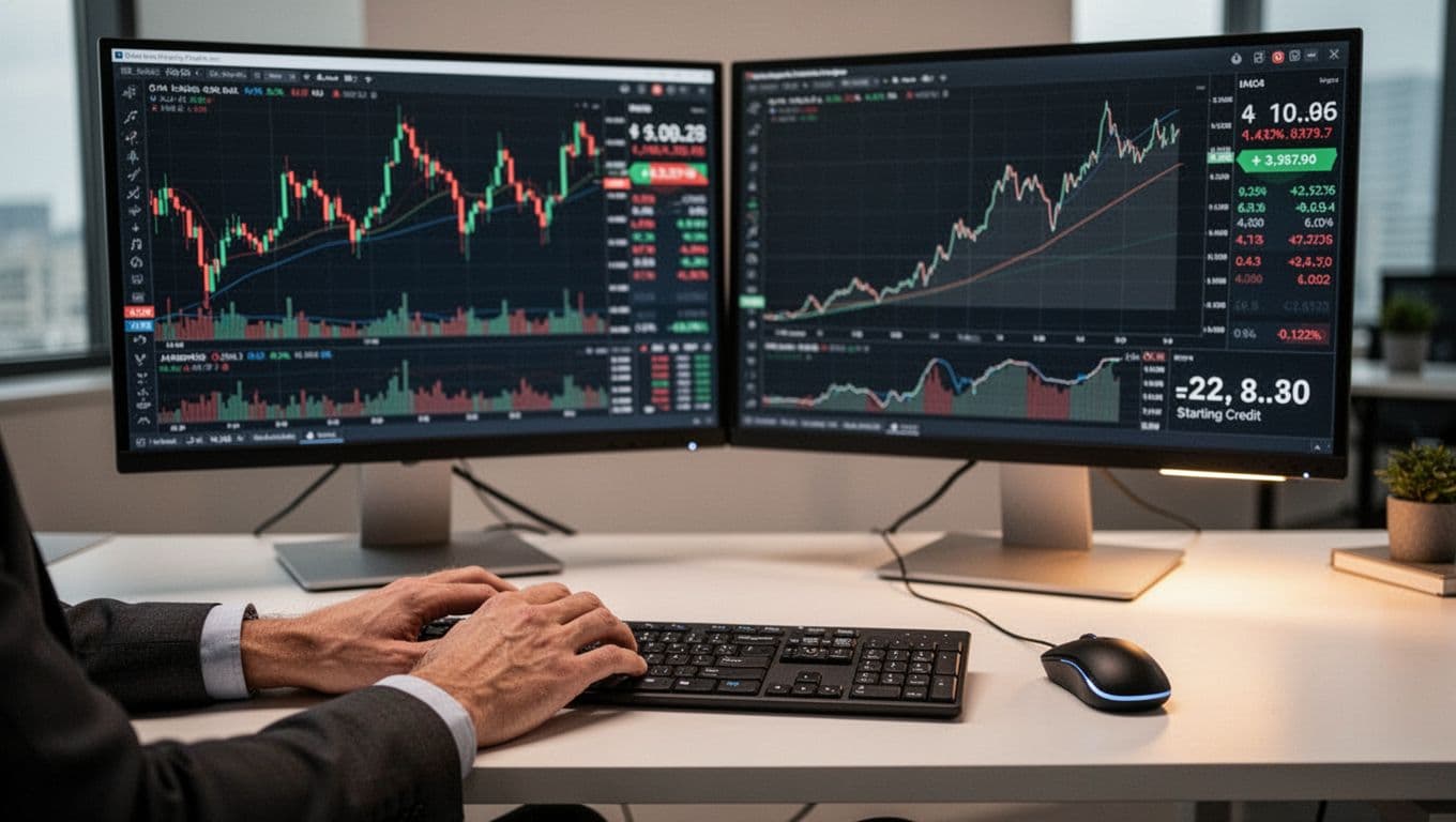 Trading desk with monitors showing forex charts and small equity balance curve, trader hands near mouse.