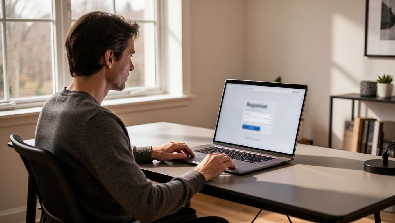 Person at a modern desk in a clean home office with natural window light, laptop open to a trading broker signup page at an angle, hands near keyboard, realistic photo.