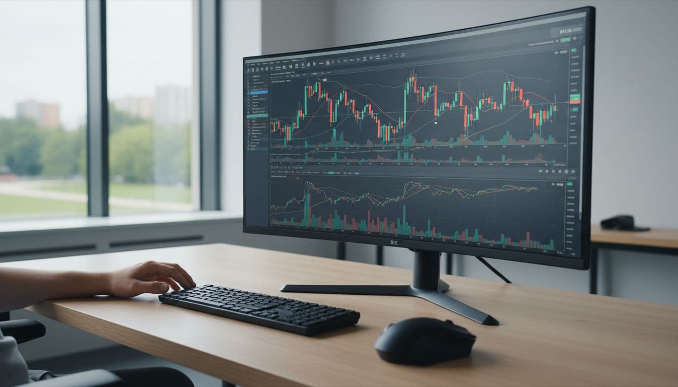 Professional trading desk with MetaTrader 5 interface displaying forex charts and account balance near $111, trader's hands relaxed nearby, clean office background with natural light.