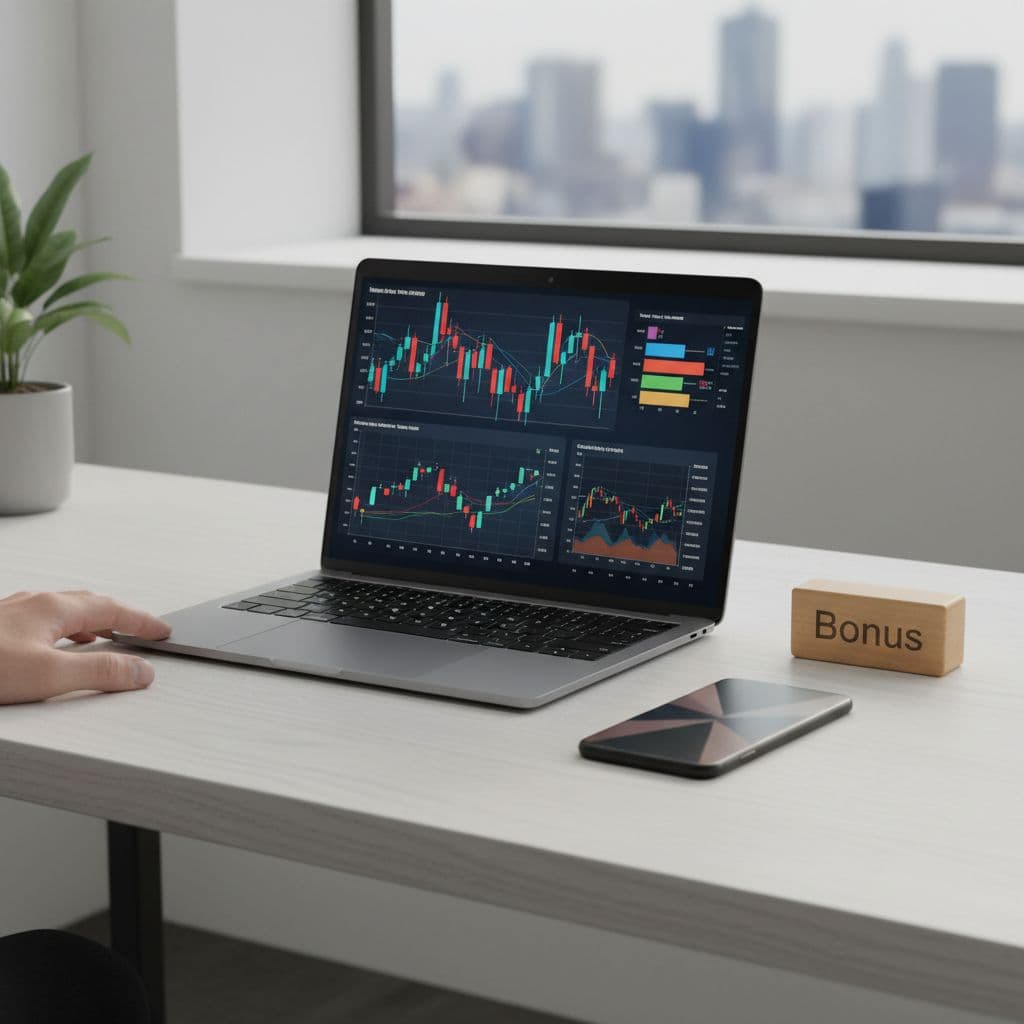 A clean desk features a laptop with financial charts, a smartphone, and a small wooden bonus block.