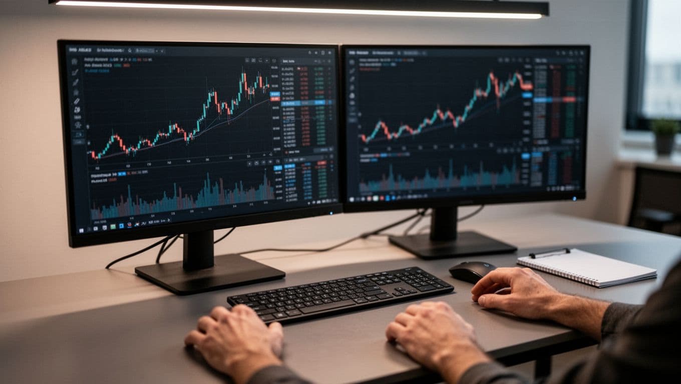 Dual monitors show blurred candlestick charts on dark MT5 theme with keyboard, mouse, notepad, and resting hands on desk.