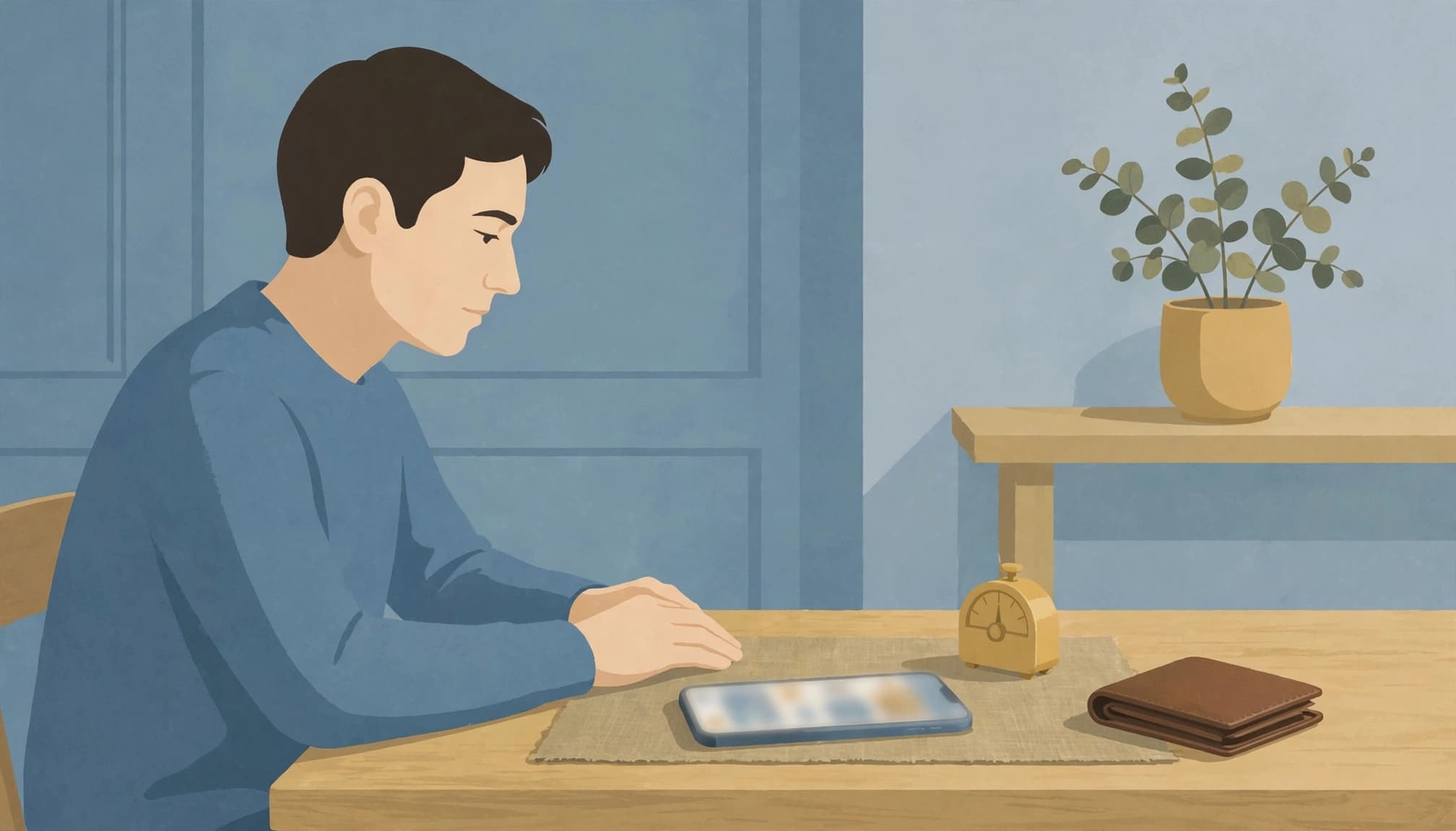 An illustration of a person sitting at a wooden table with a phone, small timer, and closed wallet.