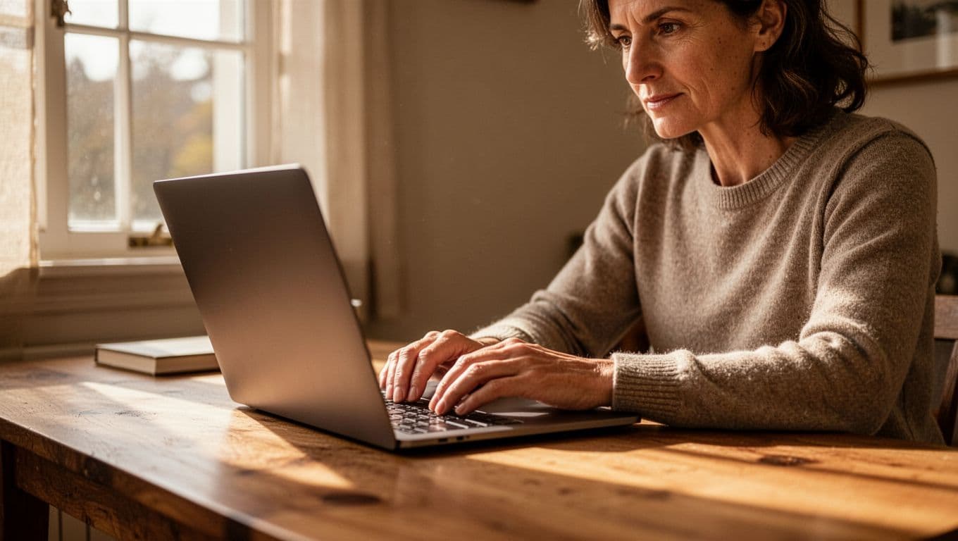 Person sits at home desk with hands relaxed on laptop keyboard, focused expression in cozy room with window light.
