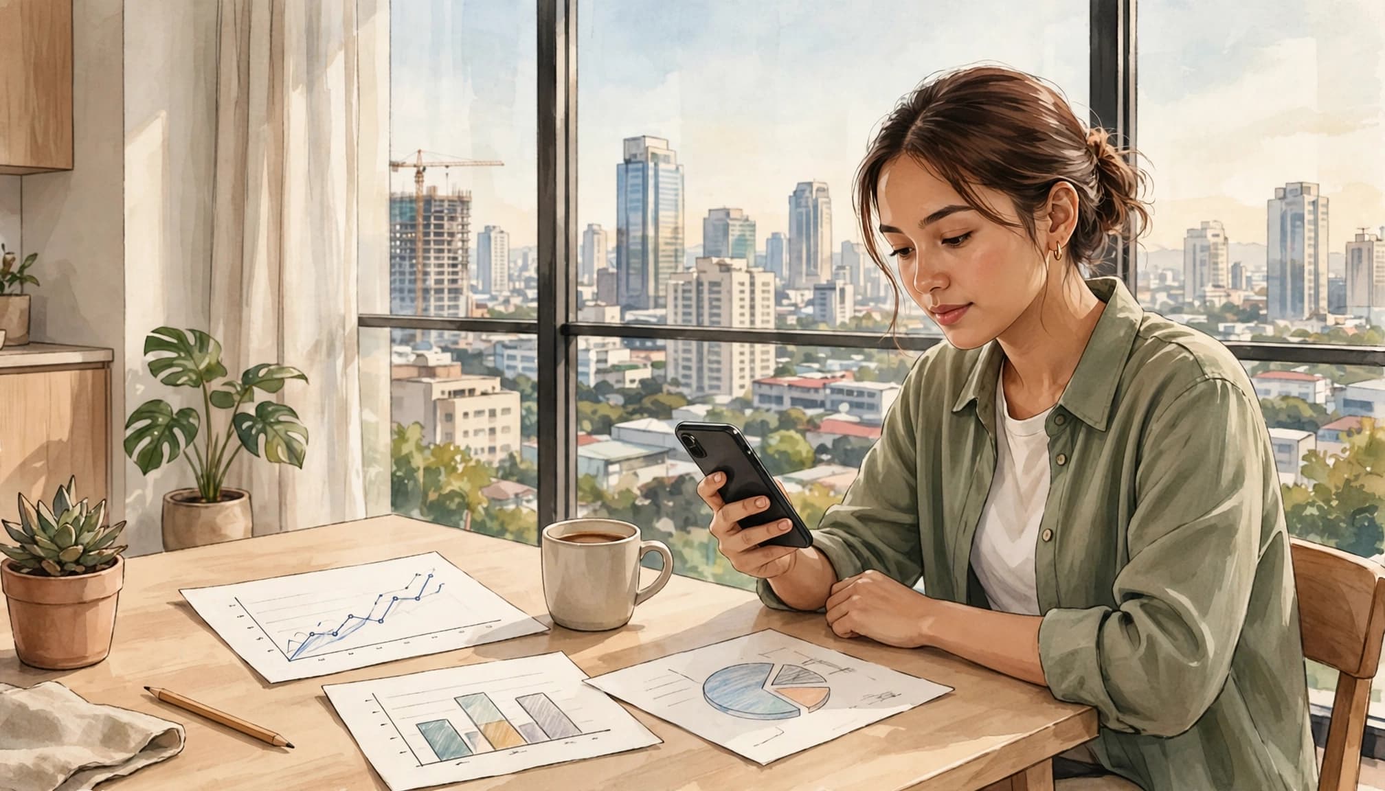 A woman seated at a table looks at her phone alongside paper charts and a city view.