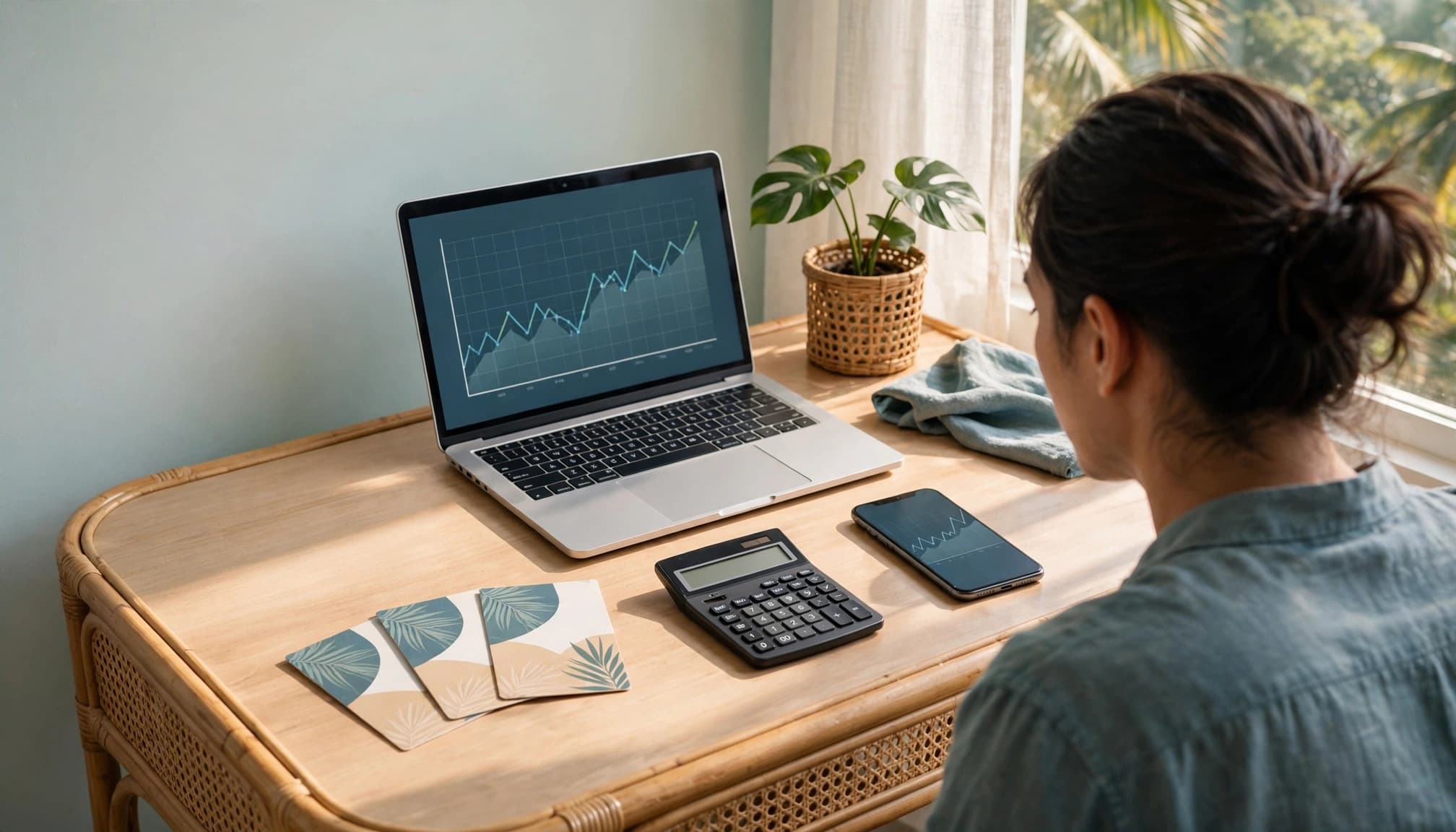 A person viewed from behind looking at a laptop showing a currency chart on a desk.