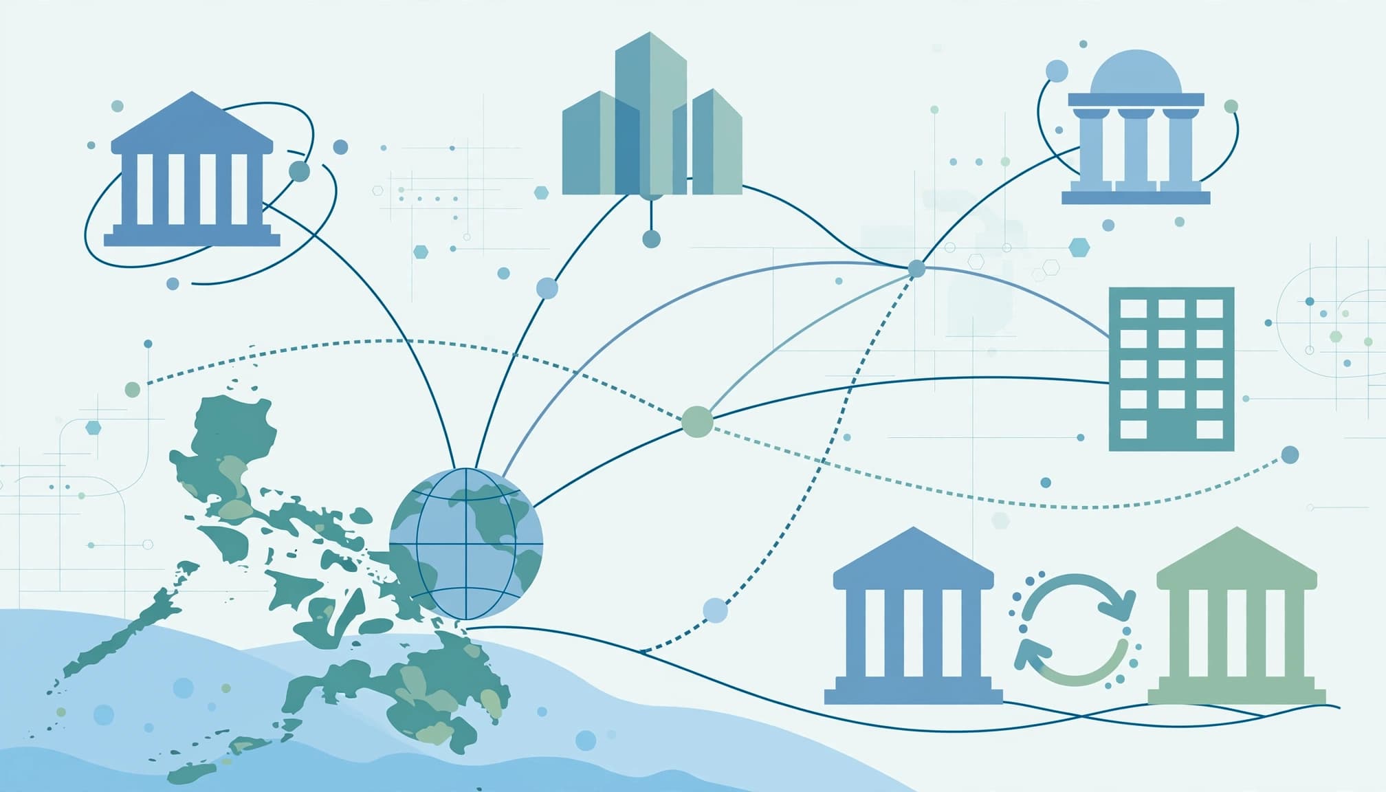 A clean flat vector illustration showing a map, a small globe, and connected market and banking nodes.