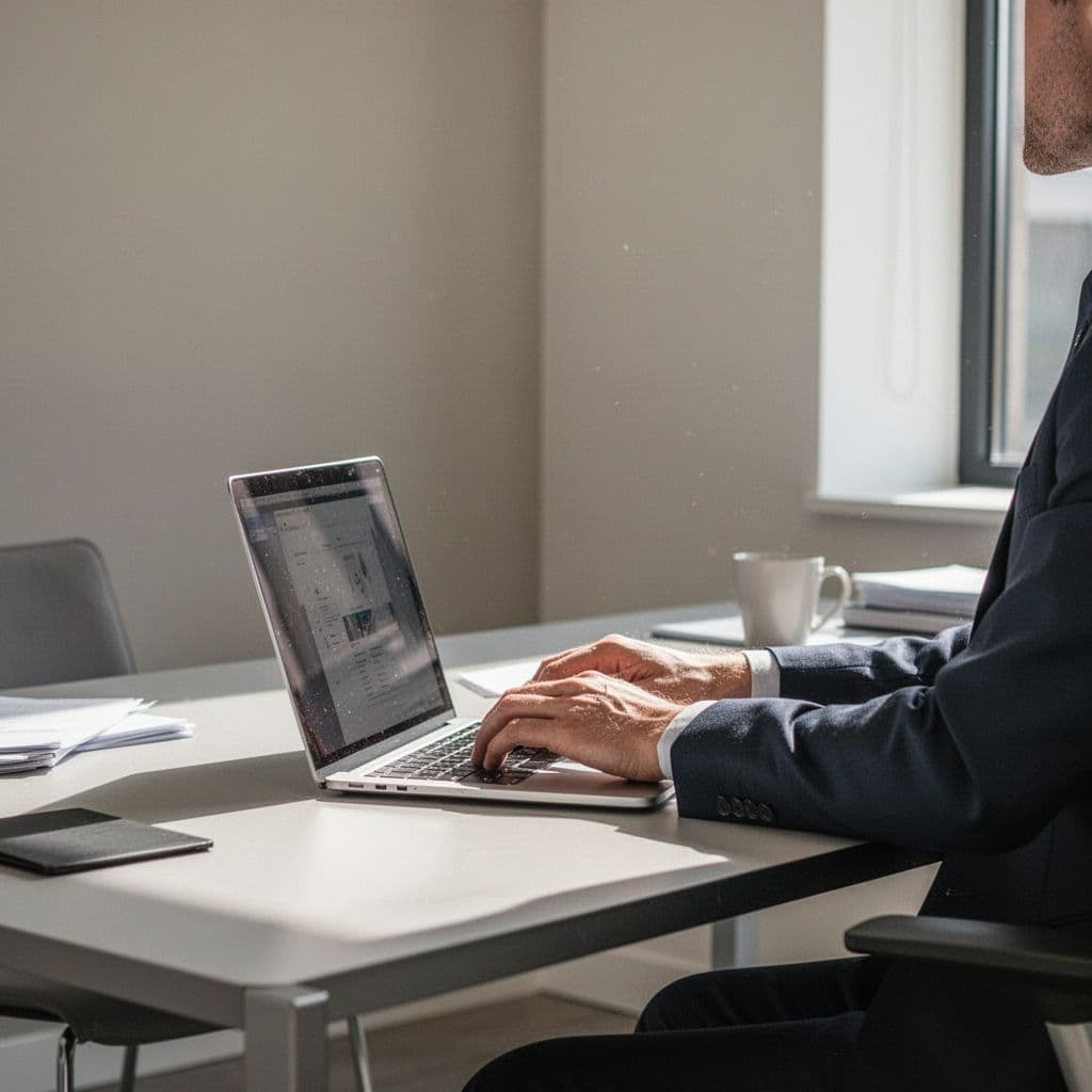 A person works on a laptop in a bright, minimalist office setting.