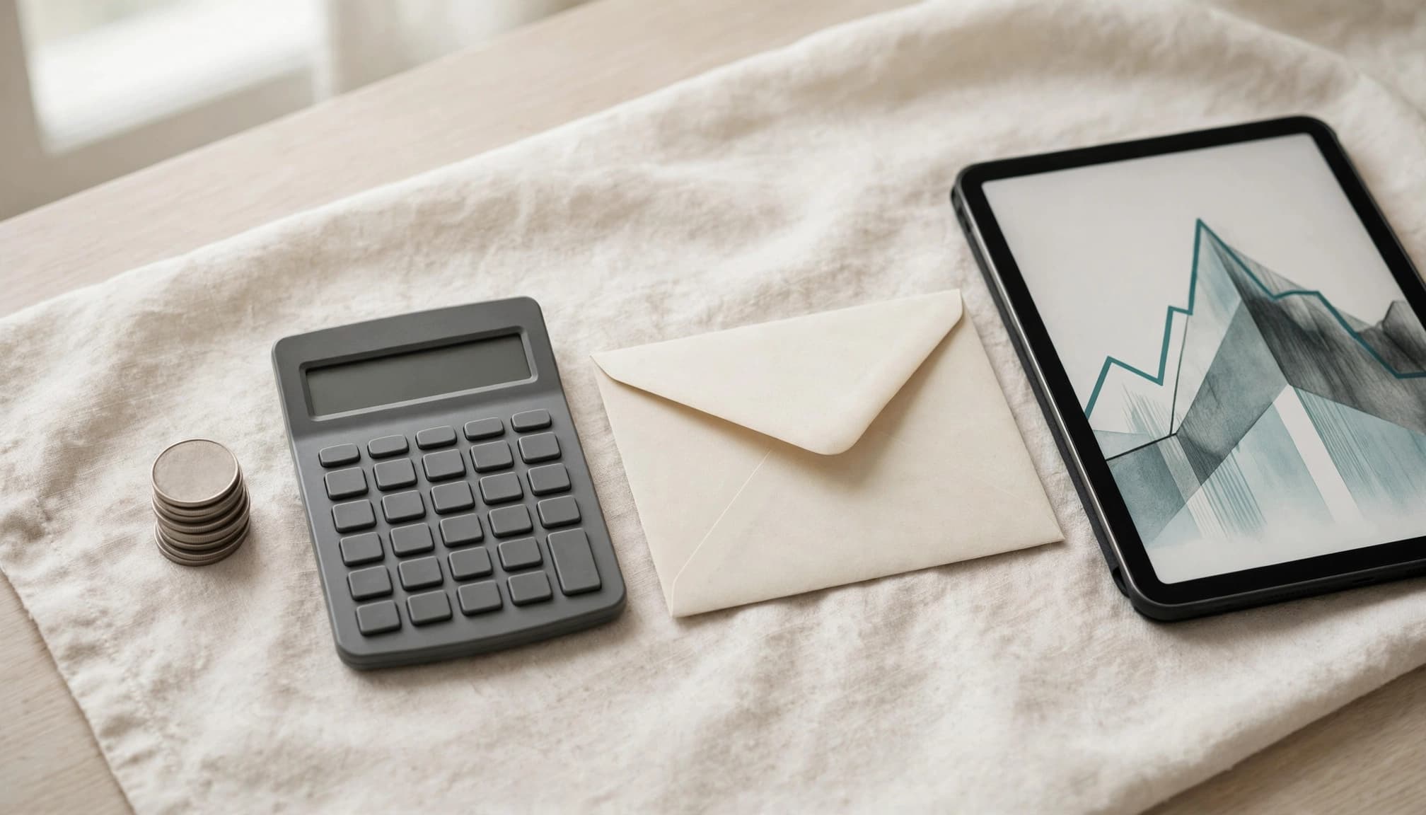 A calculator, envelope, stack of coins, and tablet displaying a chart on a fabric surface.
