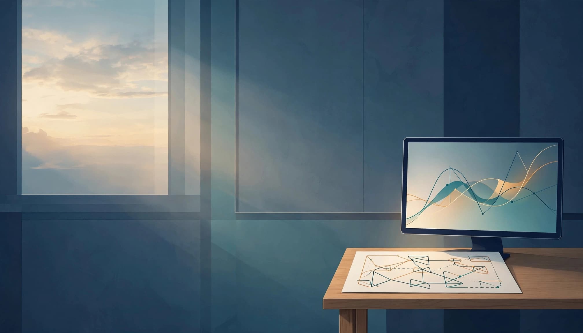 A quiet trading desk at dawn with a single monitor showing charts and a paper risk diagram.