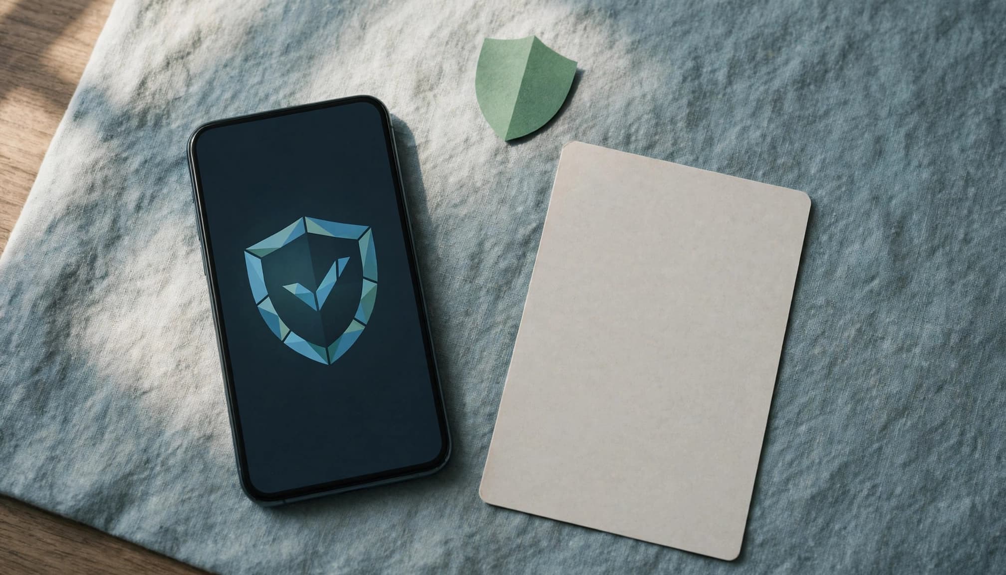 A smartphone displaying a shield icon, a blank card, and a paper shield on a blue tablecloth.