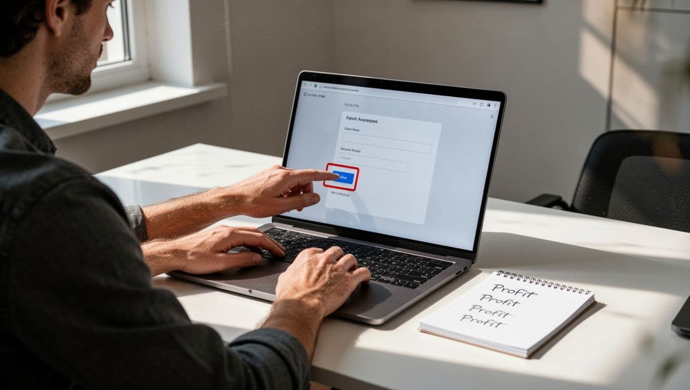 Focused solo trader in modern home office at desk with laptop displaying angled withdrawal form submission button, relaxed hands on keyboard, notepad with profit notes, natural window light, realistic photography.