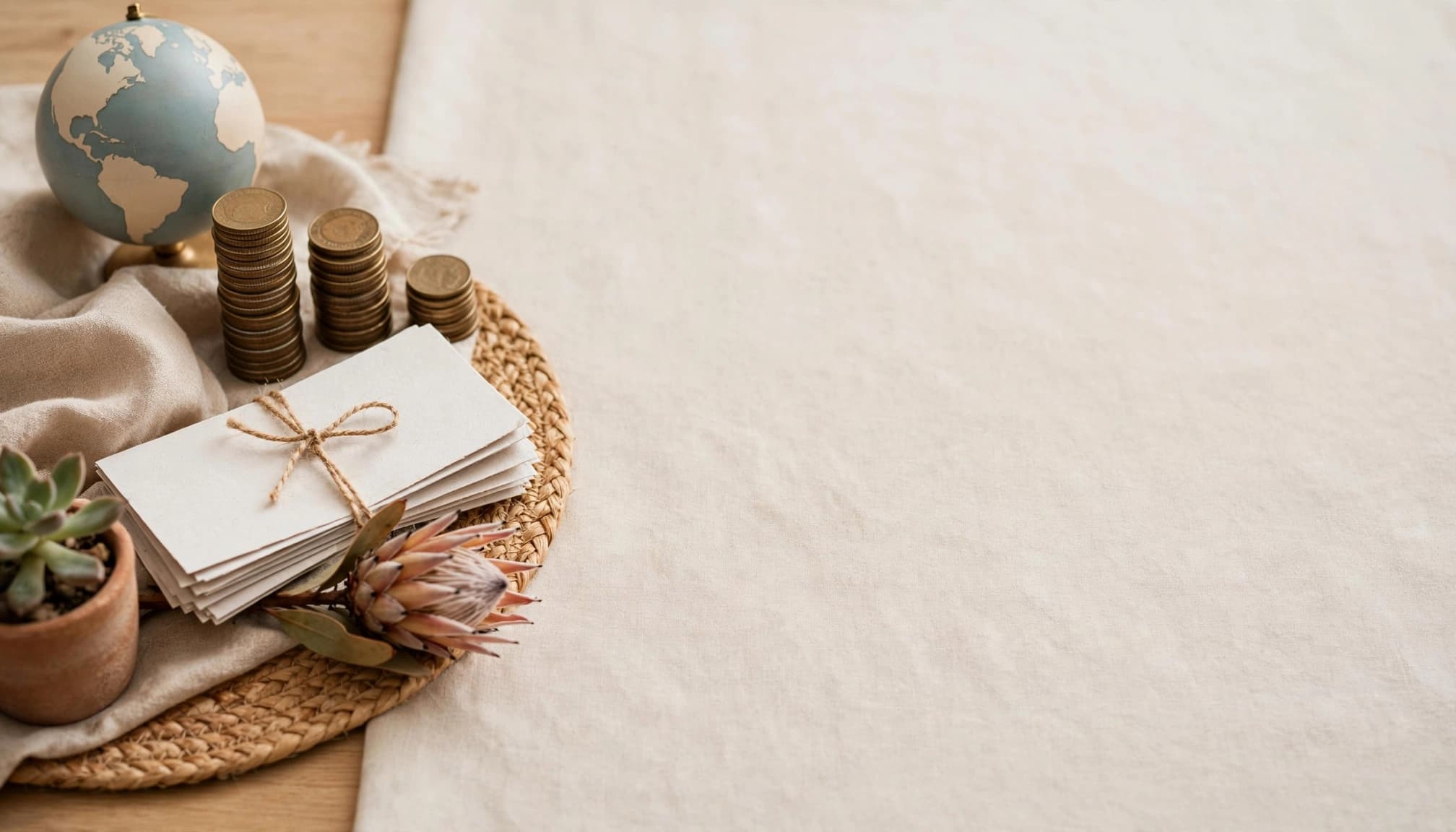 A still life with a small globe, coin stacks, and tied papers on a tabletop.