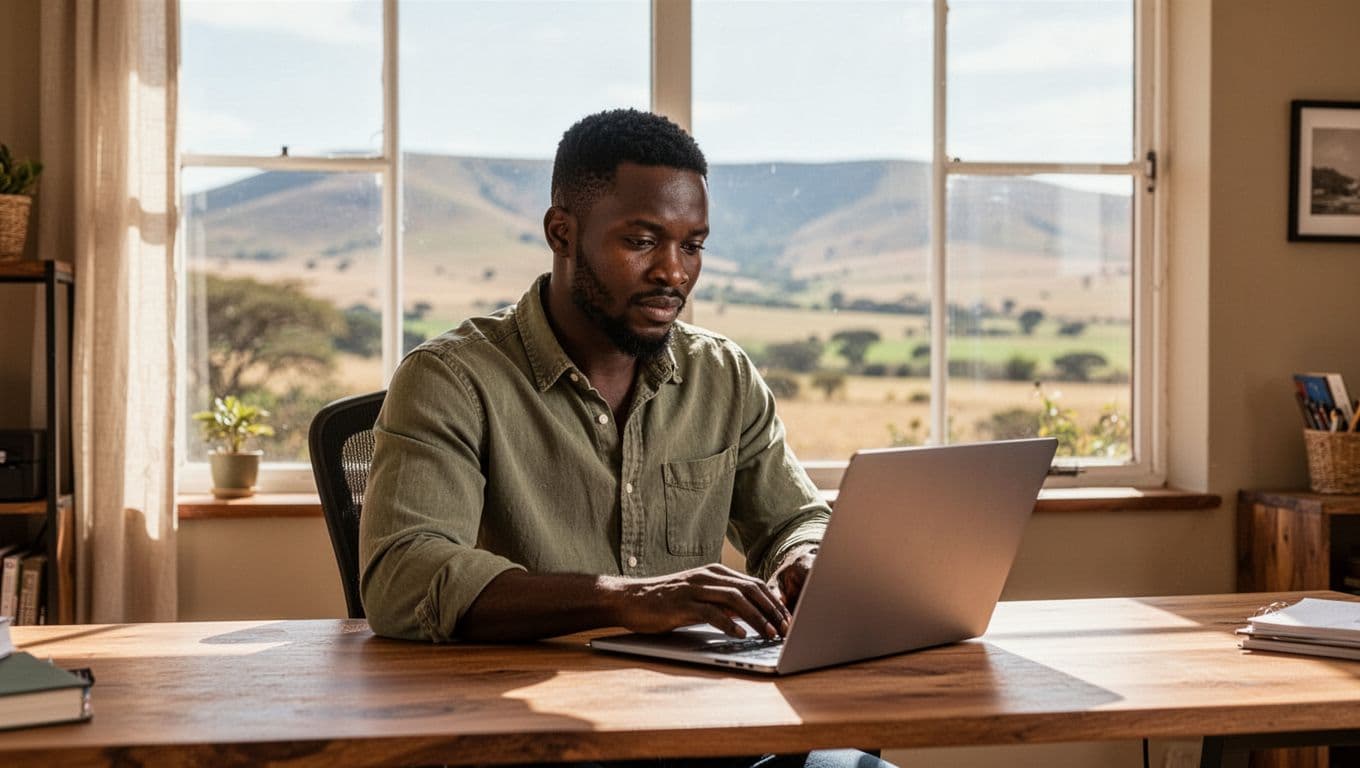 Man in 30s with casual shirt sits at home office desk with laptop trading dashboard, South African landscape through window.