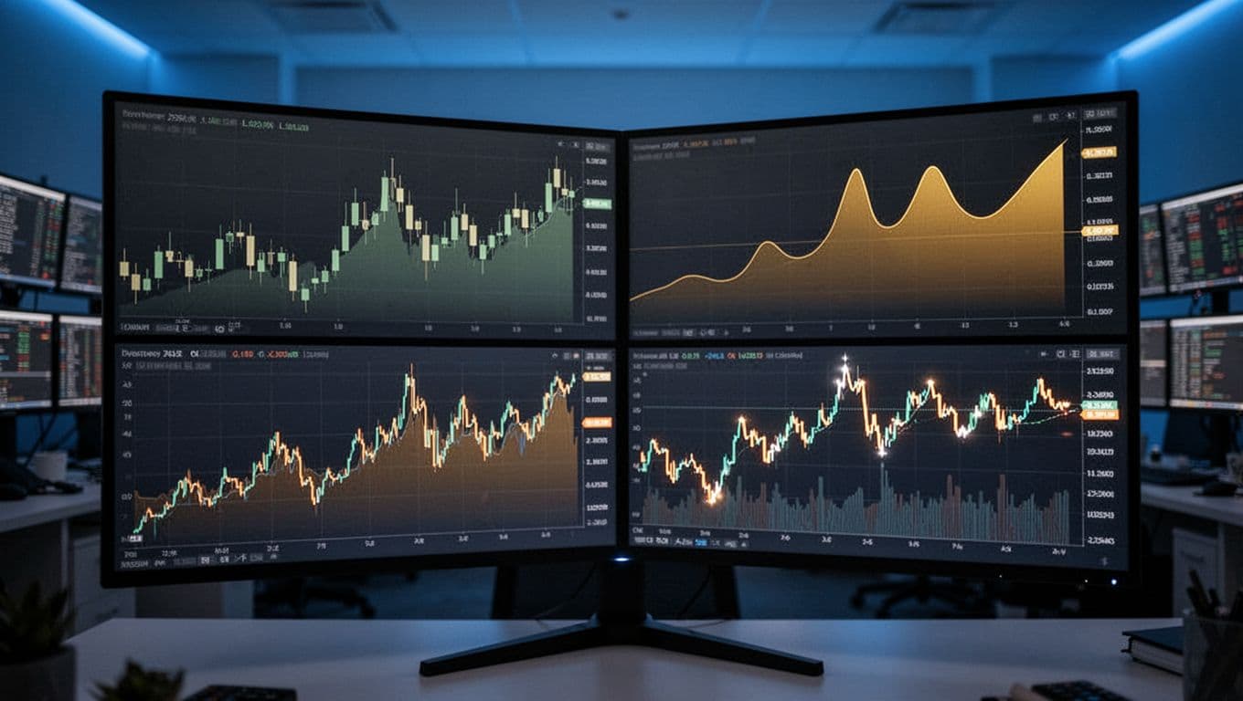 Split-screen view of forex EUR/USD candlestick chart, gold XAU/USD price line, bitcoin BTC/USD graph, and crude oil futures displayed on a large curved monitor in a dim trading room with soft blue ambient lighting, realistic digital render.