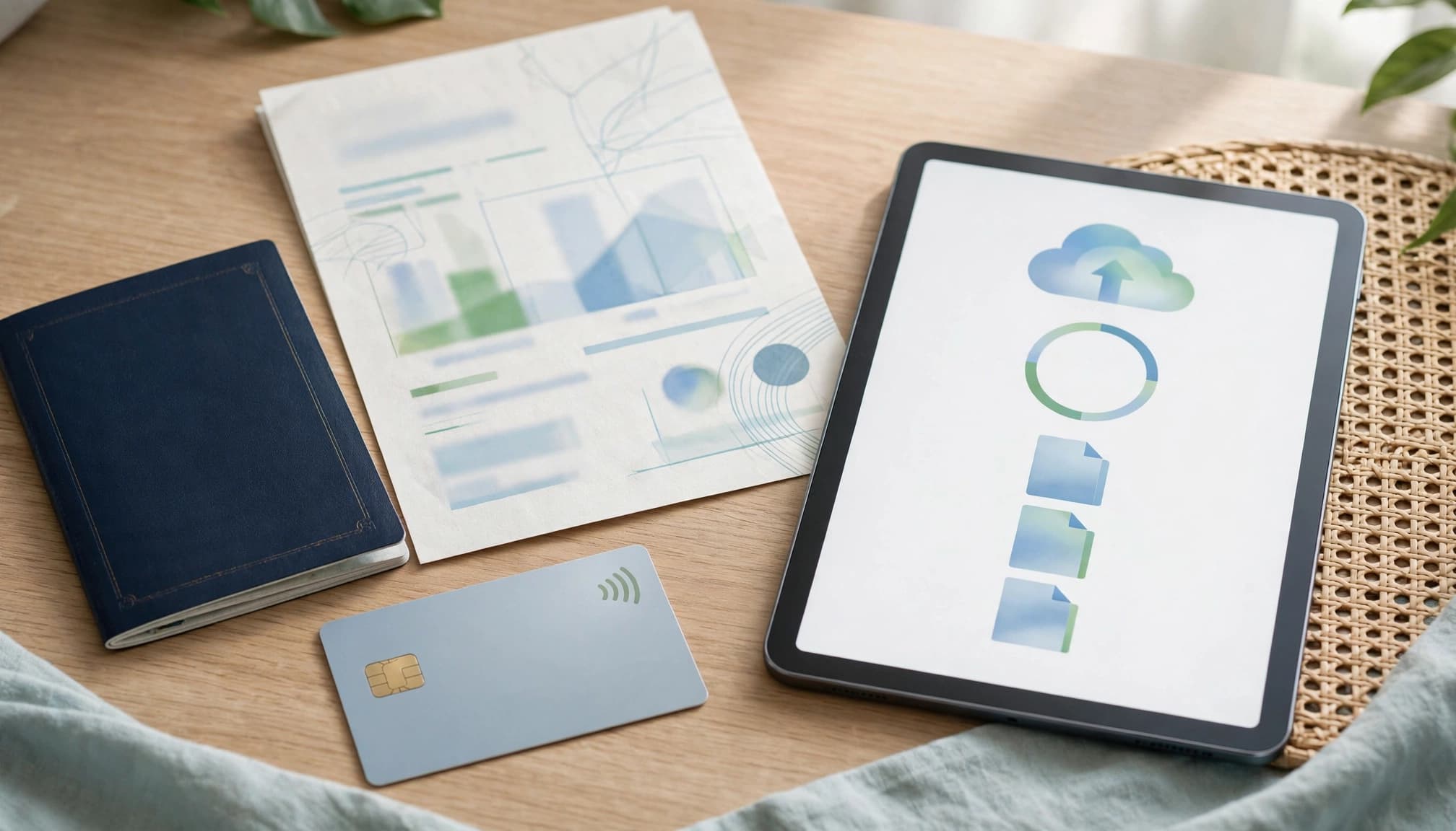 A passport, utility bill, bank card, and tablet on a wooden table.