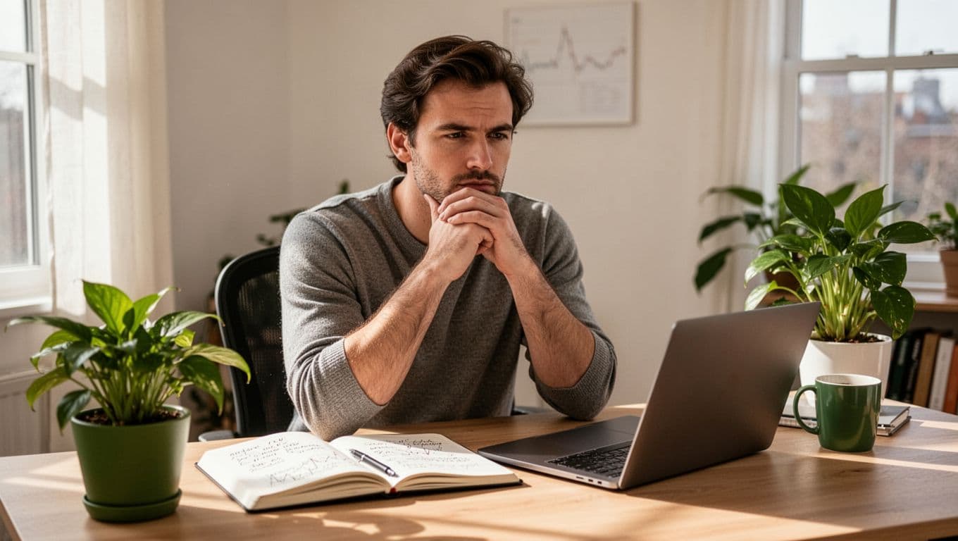 A solo trader in a bright home office sits at a desk, thoughtfully pondering with one hand on chin and a notepad open to pros and cons lists (no readable text), laptop partially closed, plant, and coffee mug nearby in natural daylight.