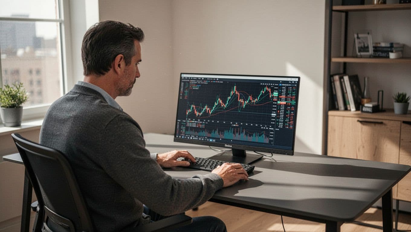Focused adult trader in modern home office sits at desk with laptop open to broker client portal interface at an angle, hands relaxed near keyboard, soft natural window light, realistic photography style, landscape composition.