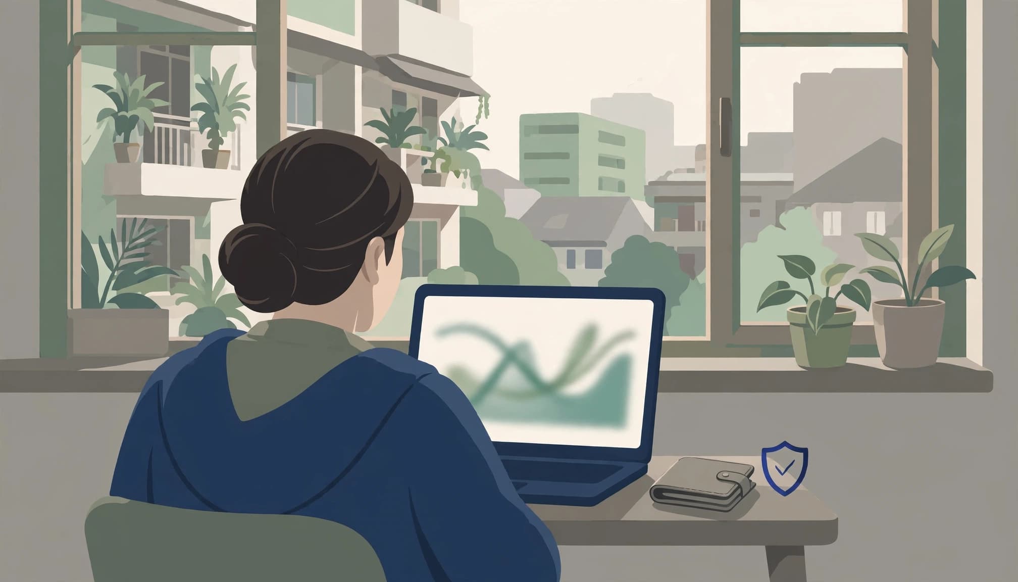 An editorial illustration of a person seen from behind looking at a laptop at a desk near a window.