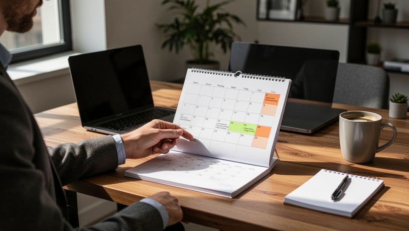 Focused solo trader in modern home office examines simple calendar planner showing two sequential phases of trading timeline, with closed laptop, coffee mug, and notepad nearby under natural window light.