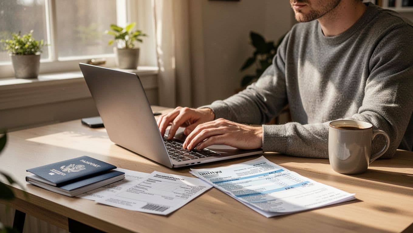 Trader at home office desk with open laptop, passport and utility bill nearby, coffee mug, natural window light.