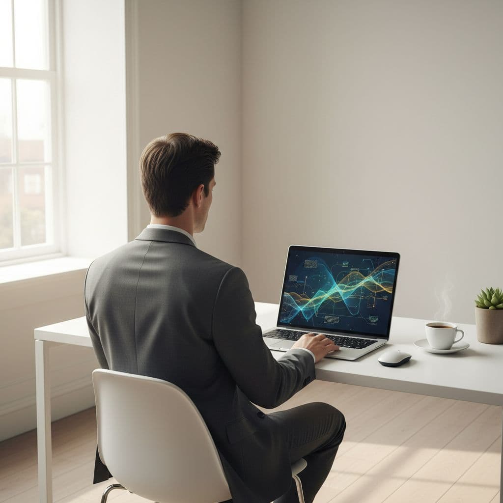 A person sits at a desk viewing financial charts on a laptop in a bright office.