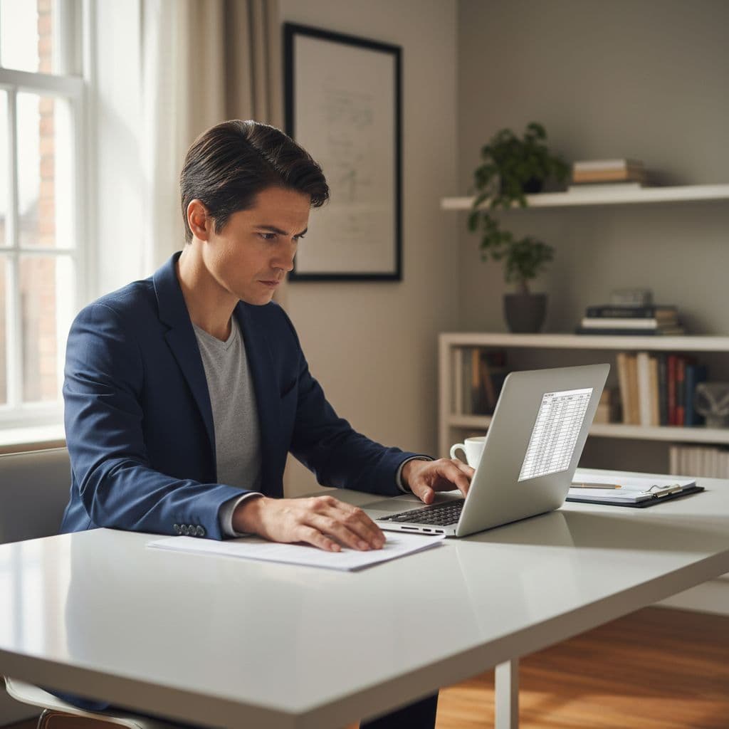 A focused professional sits at a modern desk reviewing financial information on a laptop screen.