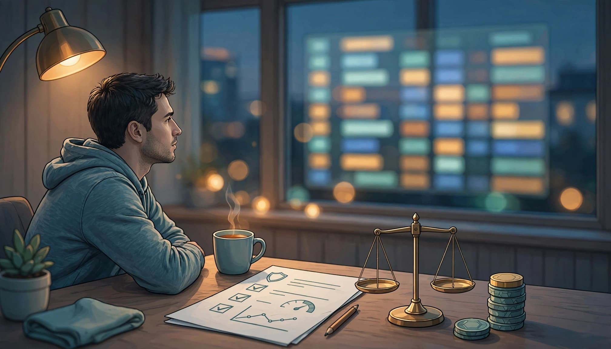 A trader sits at a desk looking out a window at a glowing scoreboard, with a balance scale and risk plan on the desk.