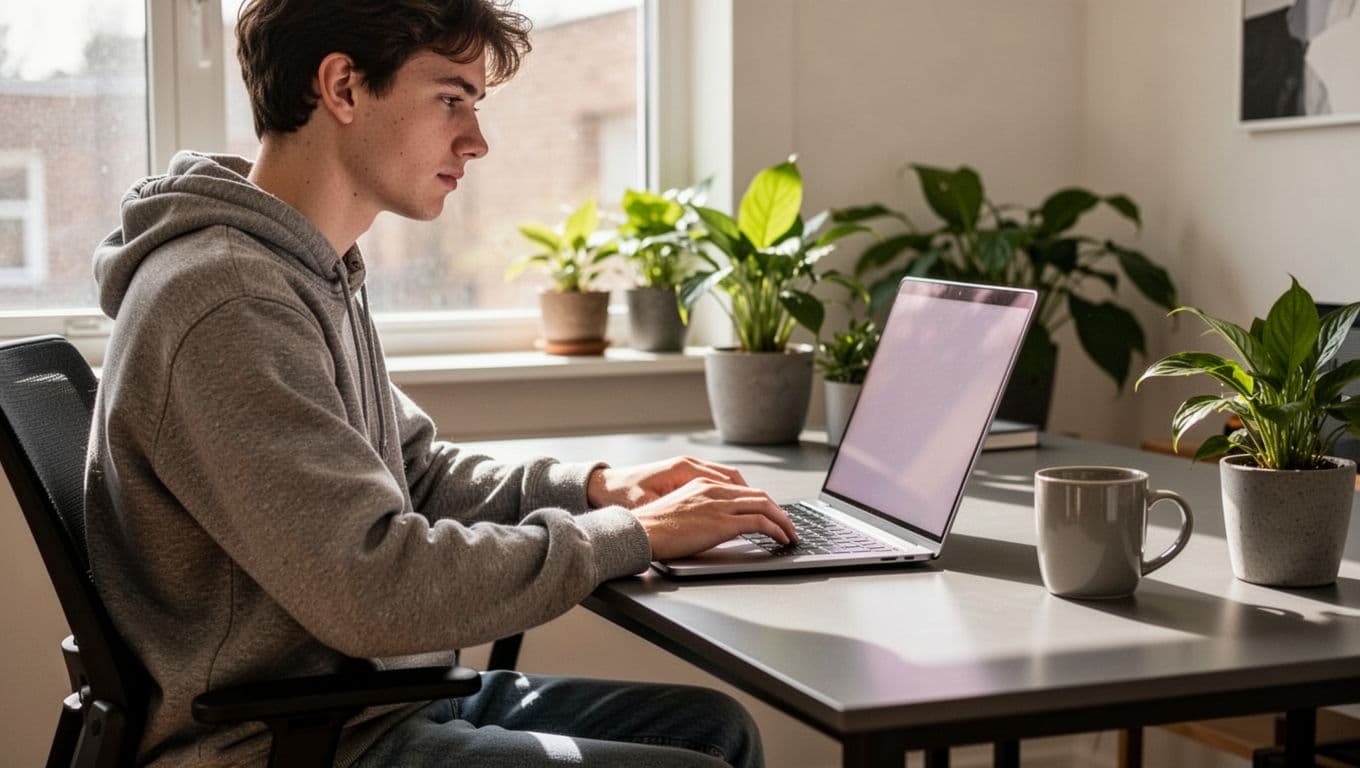 Young adult trader in casual clothes sits at modern desk with laptop, hands on keyboard during forex signup in home office with plants and coffee mug.