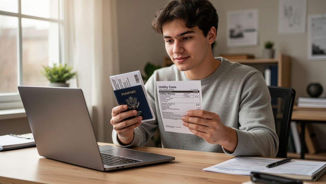 Young adult trader at desk in home office uploads passport and utility bill to verification form on angled laptop screen with no readable text. Realistic photo shows one person with relaxed hands holding partially obscured papers.