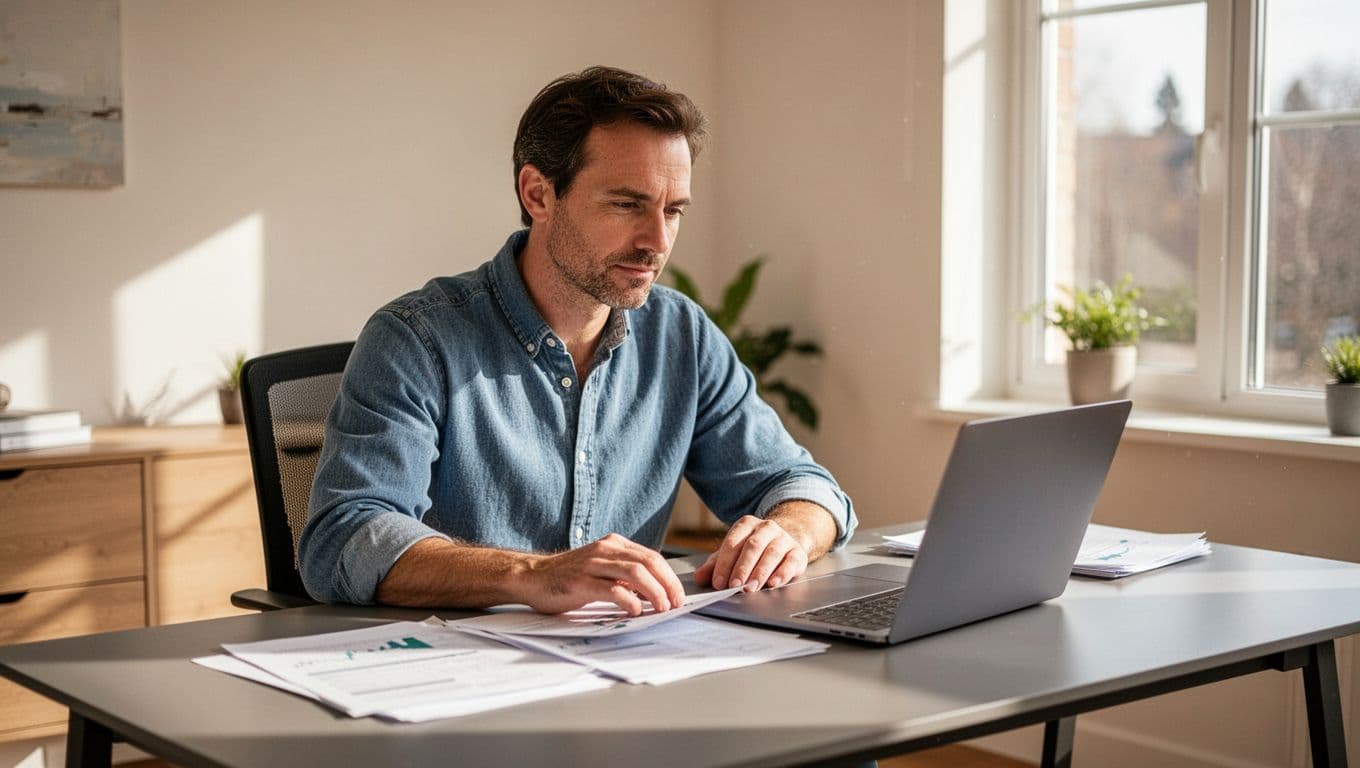 Focused adult trader at a modern desk in a bright home office reviews documents and laptop screen to check eligibility, natural window light, realistic style.
