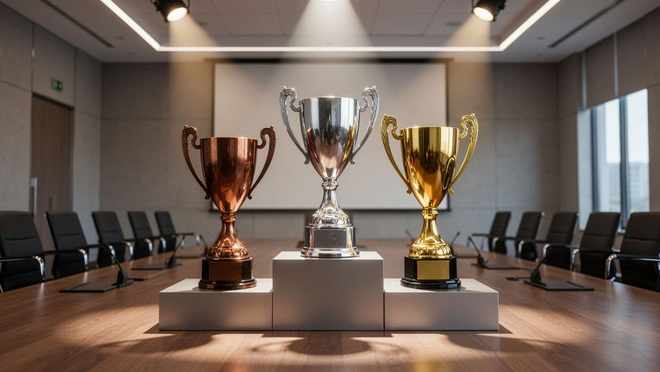 Three trophies from bronze to gold arranged on a sleek podium in a modern conference room, illuminated by spotlights in realistic high-detail photography.