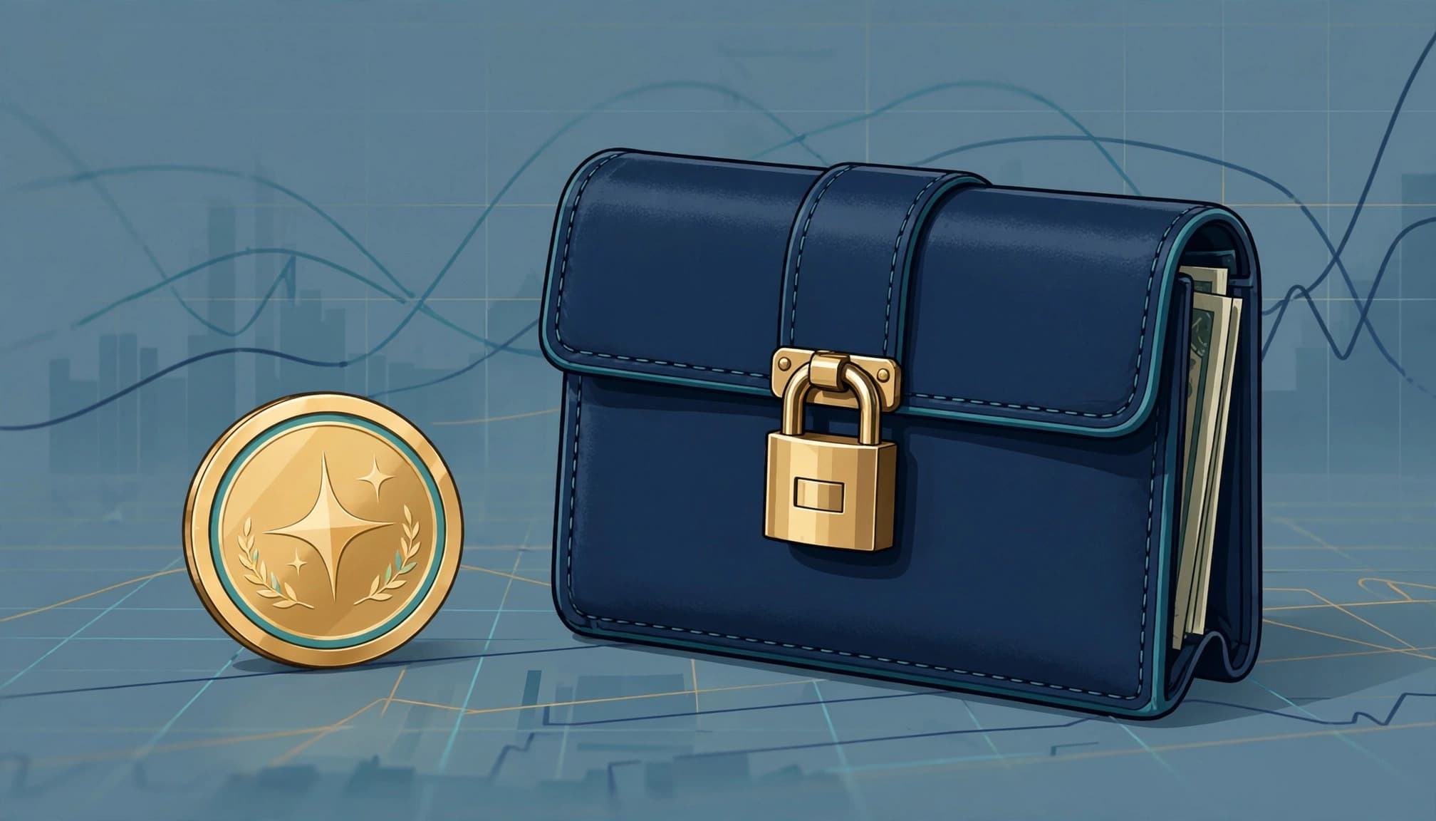 A gold coin next to a locked blue wallet on a trading chart background.