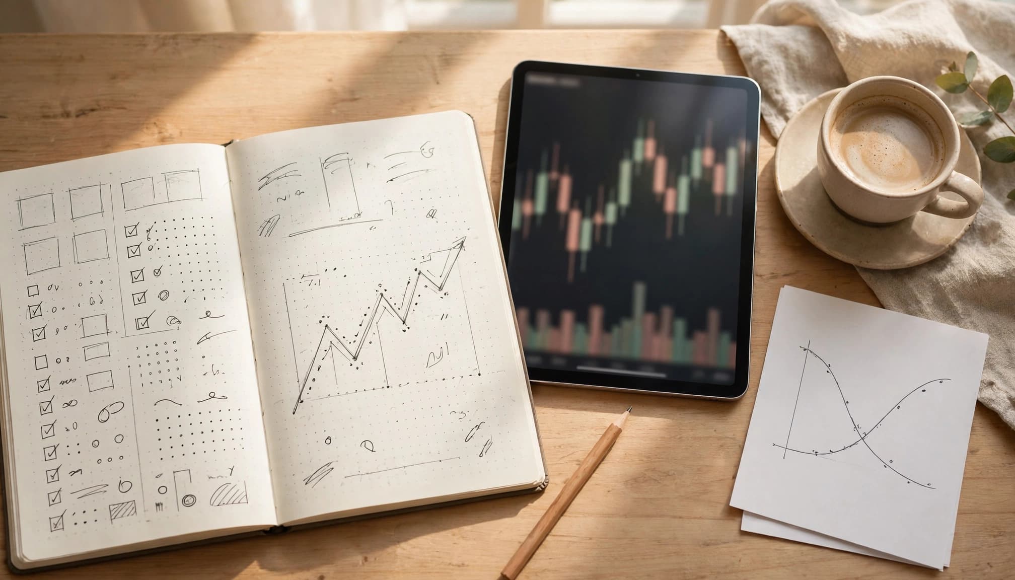 An open notebook, tablet, pencil, and coffee cup on a wooden desk.