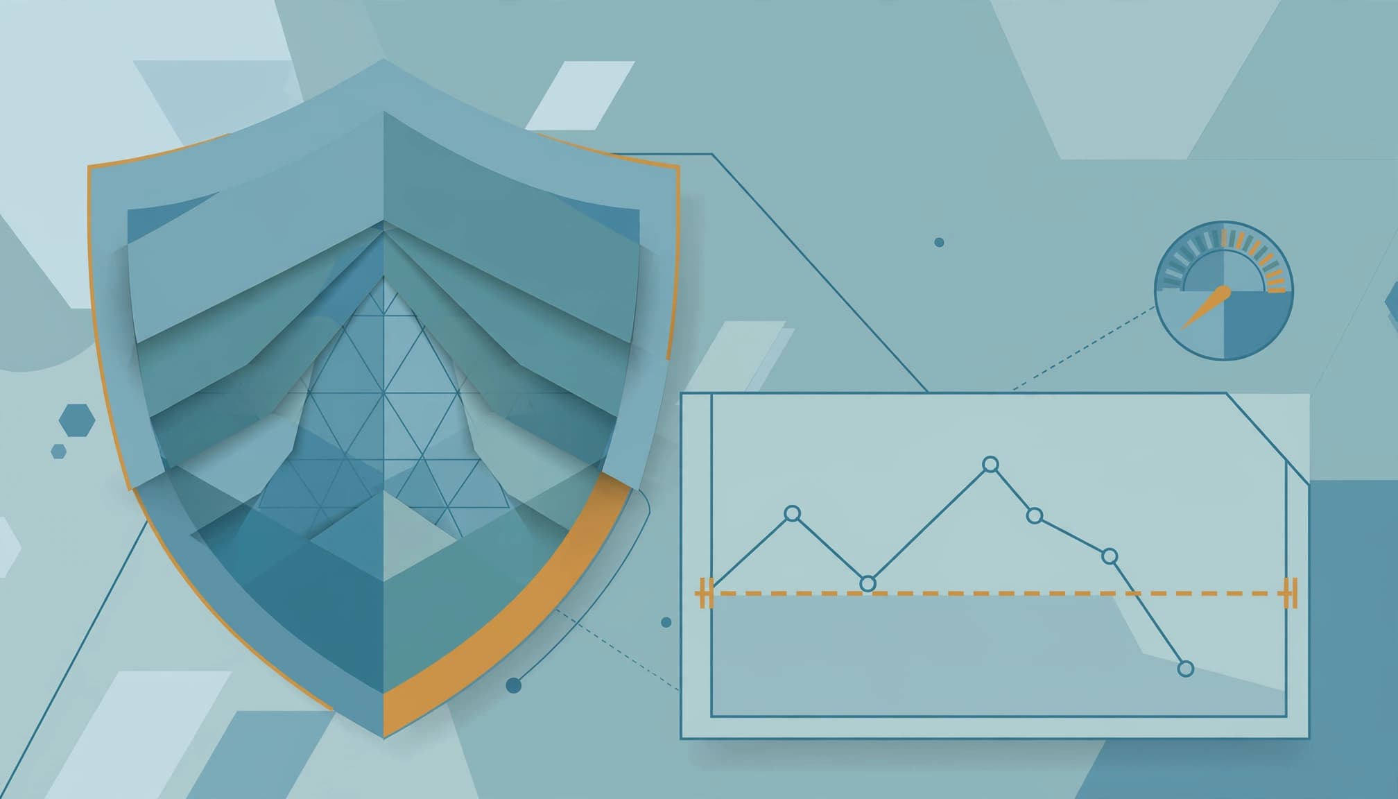 A flat illustration featuring a blue shield, a line chart with a loss boundary, and a small gauge dial.