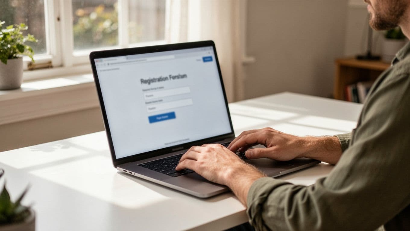 One person in casual attire types on a laptop in a bright home office, with the screen showing a blurred signup form at an angle, hands relaxed on the keyboard under natural window light.