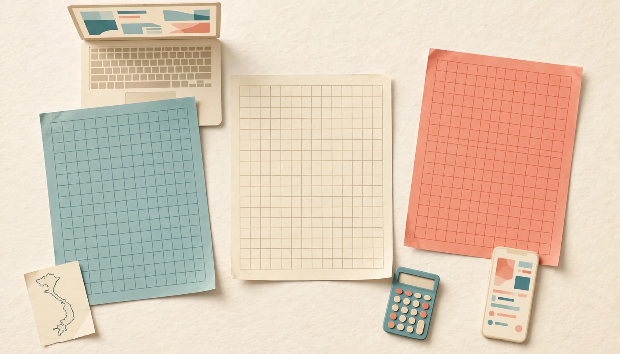 A flat lay of a laptop, three colored grid papers, a map of Vietnam, a calculator, and a smartphone.