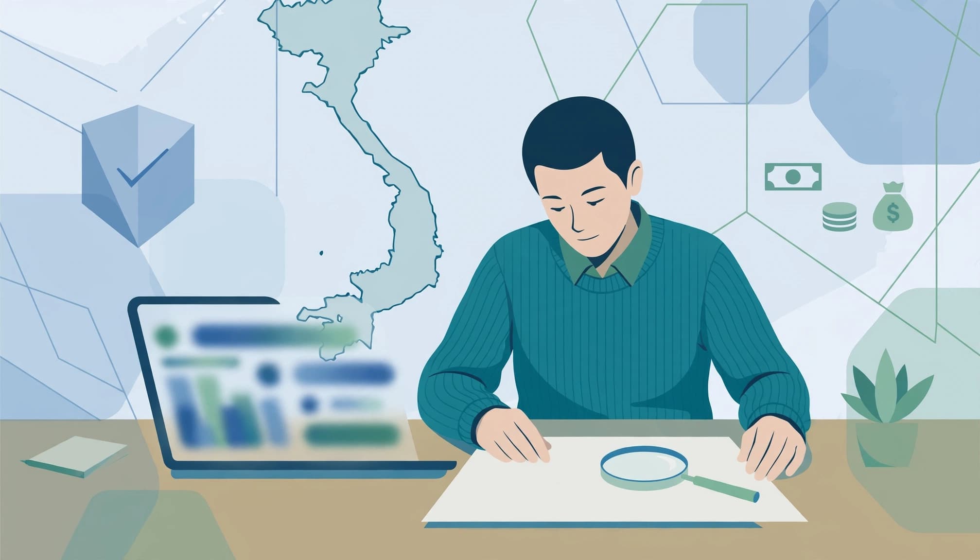 Editorial illustration of a person at a desk reviewing a document with a laptop and map of Vietnam.