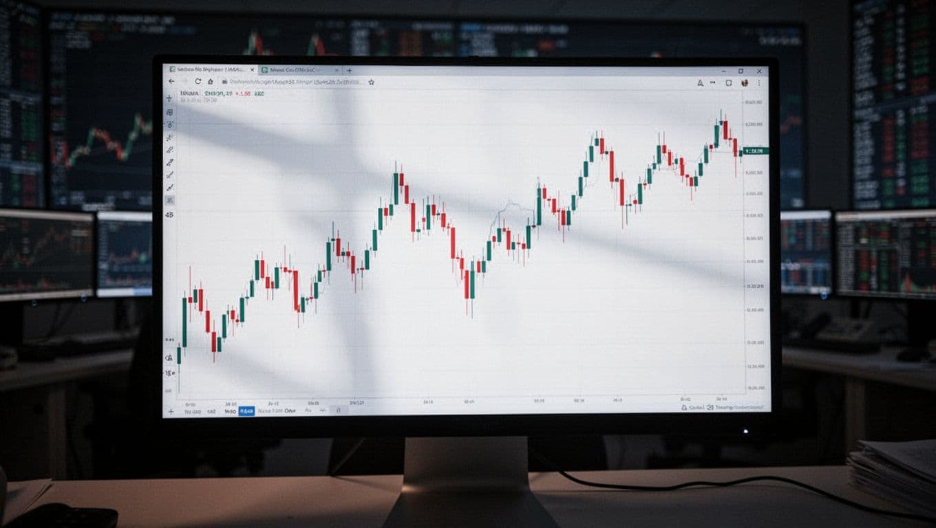 Computer monitor in dim room shows volatile stock chart with sharp candlestick swings.