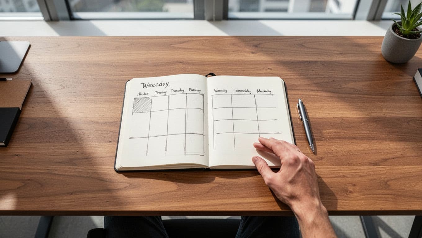 Top-down view of wooden desk with notebook showing seven-day grid, pen, and resting hand.