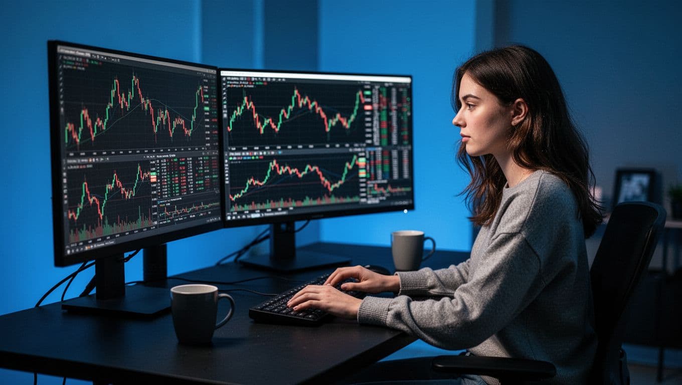 Young woman trader focuses on forex charts on dual monitors, hands on keyboard, coffee mug on dark desk, blue glow in dim room.