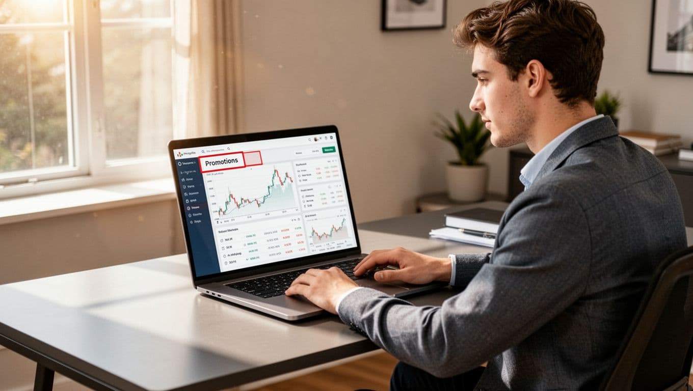 Young trader sits at modern desk in home office with laptop showing highlighted promotions tab on trading dashboard.