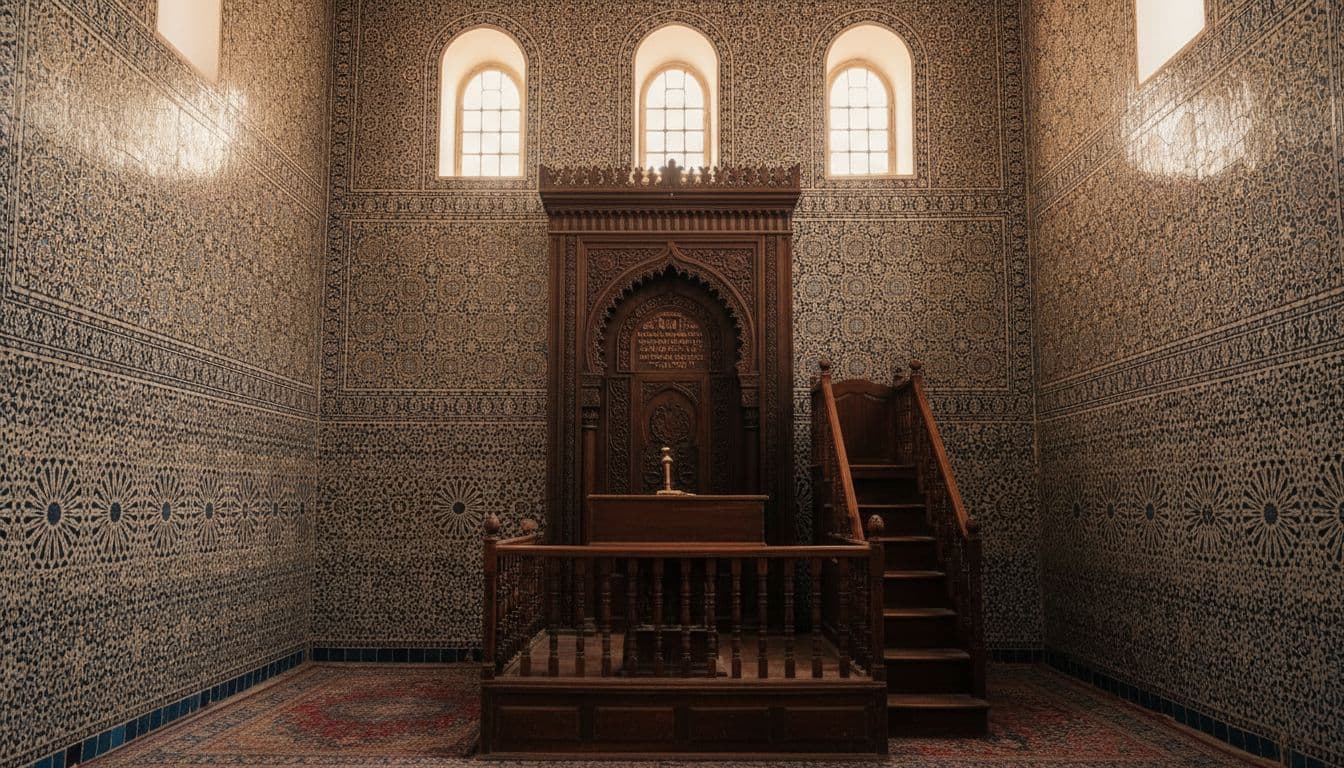 Ornate blue and white zellige tile walls frame wooden Torah ark and bimah in ancient Moroccan synagogue, sunlight through arched windows.
