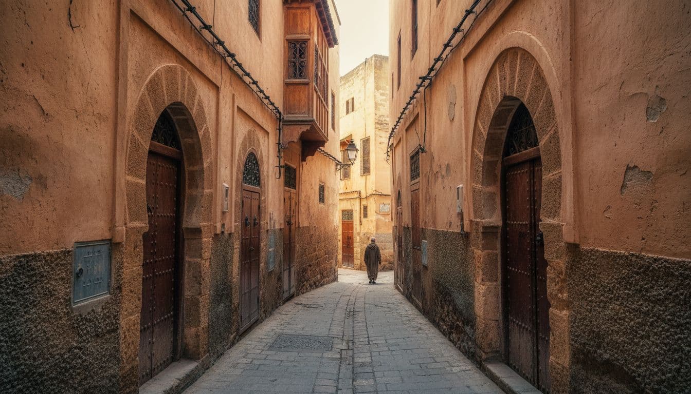 Narrow street with old stone buildings, wooden doors, arched doorways, and one person walking away in distance.
