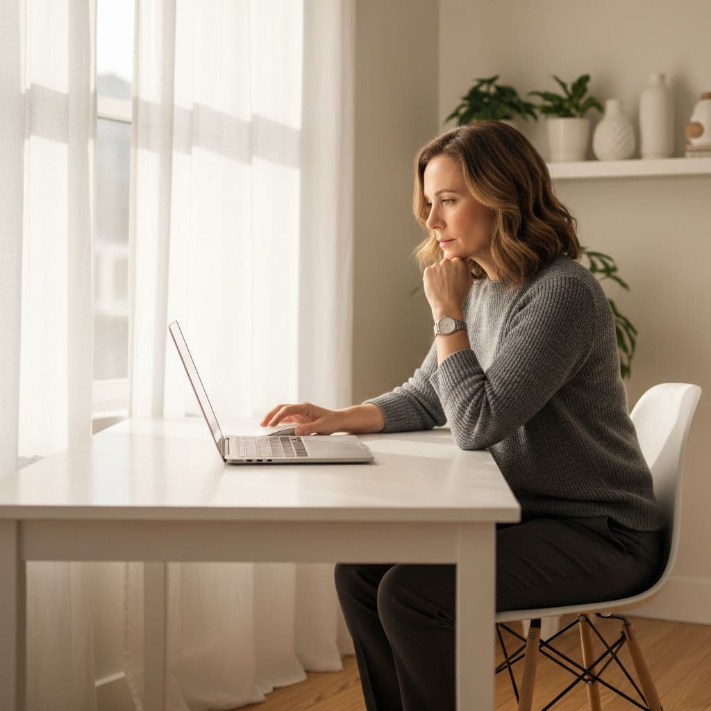 A woman sits at a minimalist white desk in a sunlit room, focusing on her laptop screen. She has a serene expression while soft daylight illuminates her workspace from a nearby window.