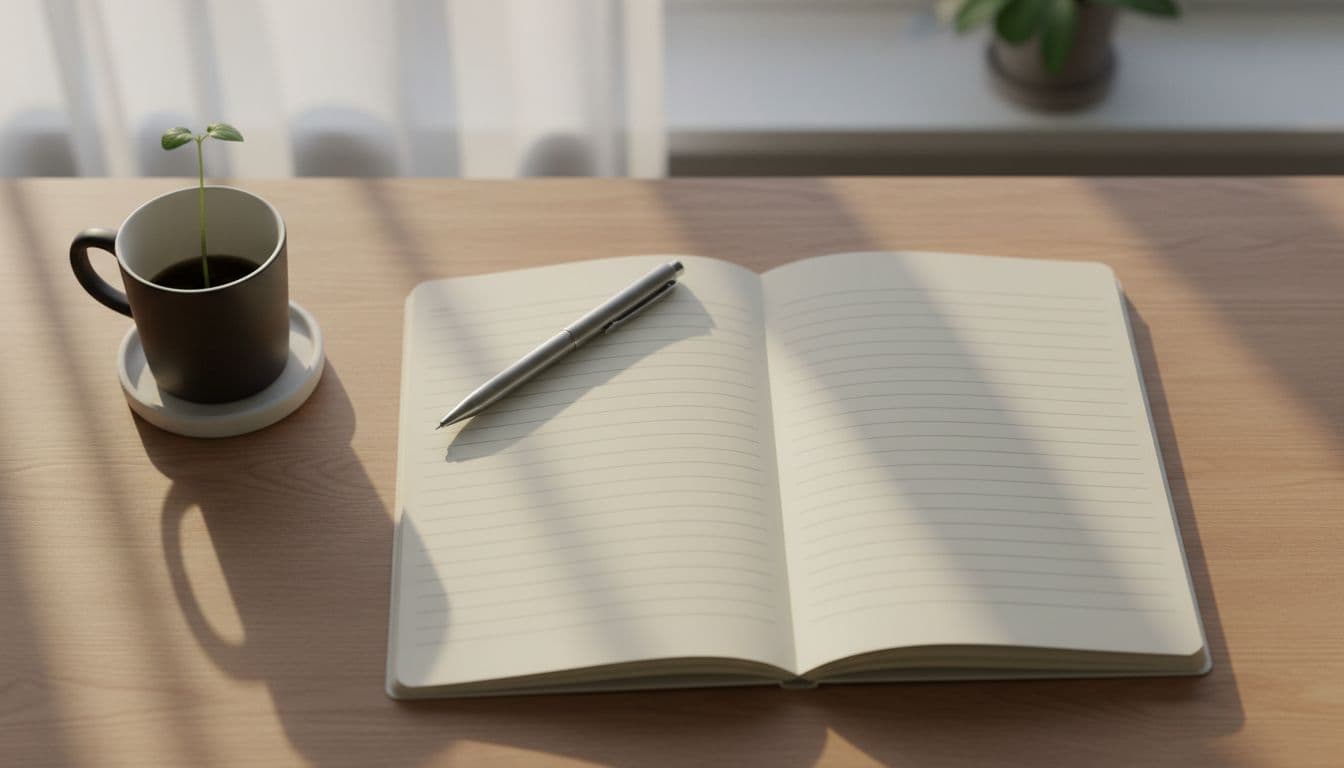 A clean desk features a notebook and pen bathed in soft morning window light.